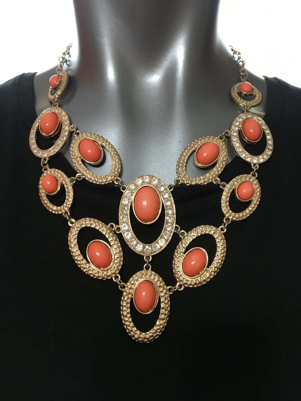 Etc Necklace Cleopatra Style Apricot Cabochons Stamped Gold Tone & Rhinestone